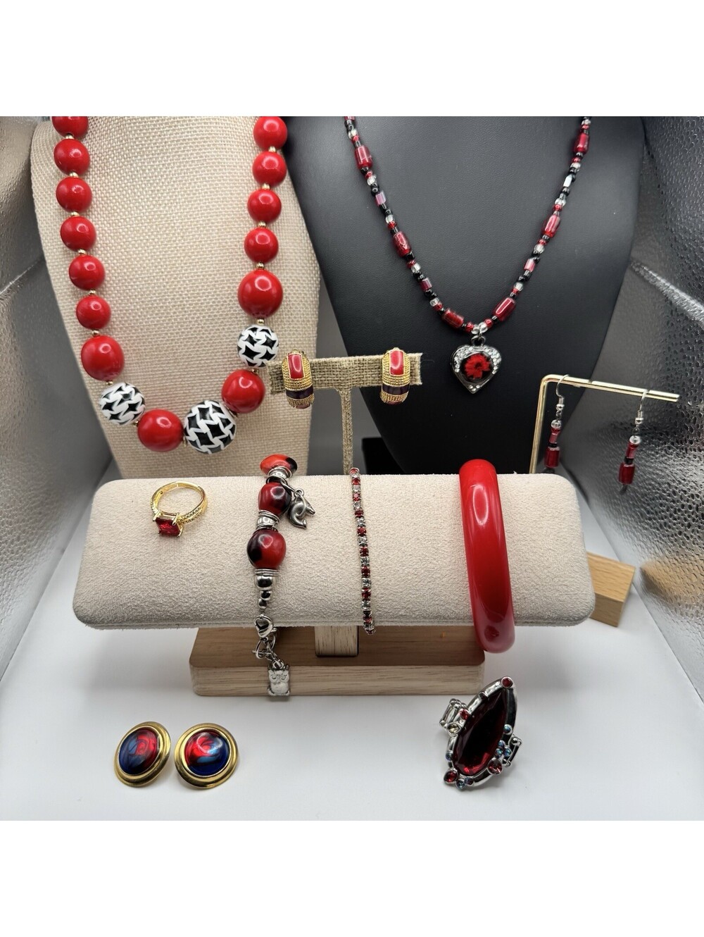 Vintage Jewelry Lot 10 Pc Red Black Statement David Hill Rhinestone Cocktail